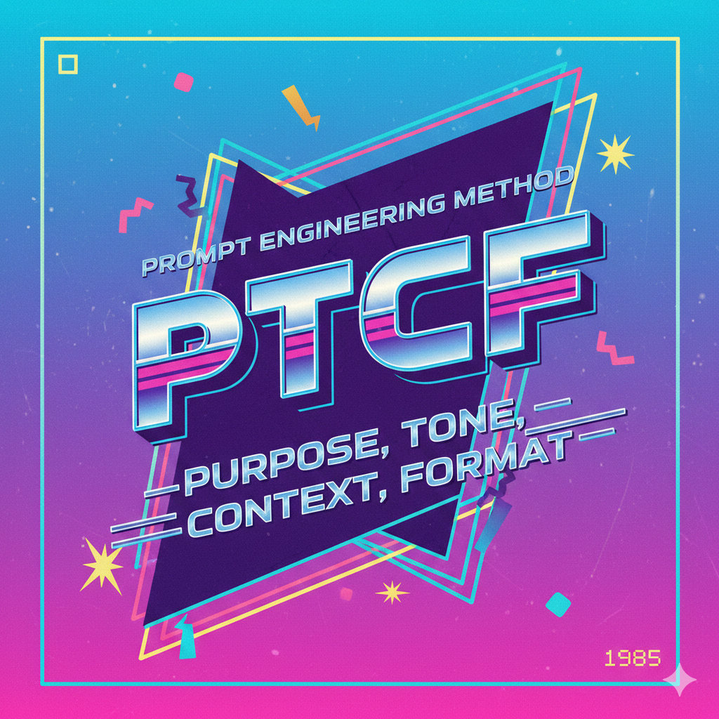 a 1980s themed graphic that spells out the acronym for the PTCF method of prompt engineering that says 'purpose' instead of 'persona' and 'tone' instead of 'task'
