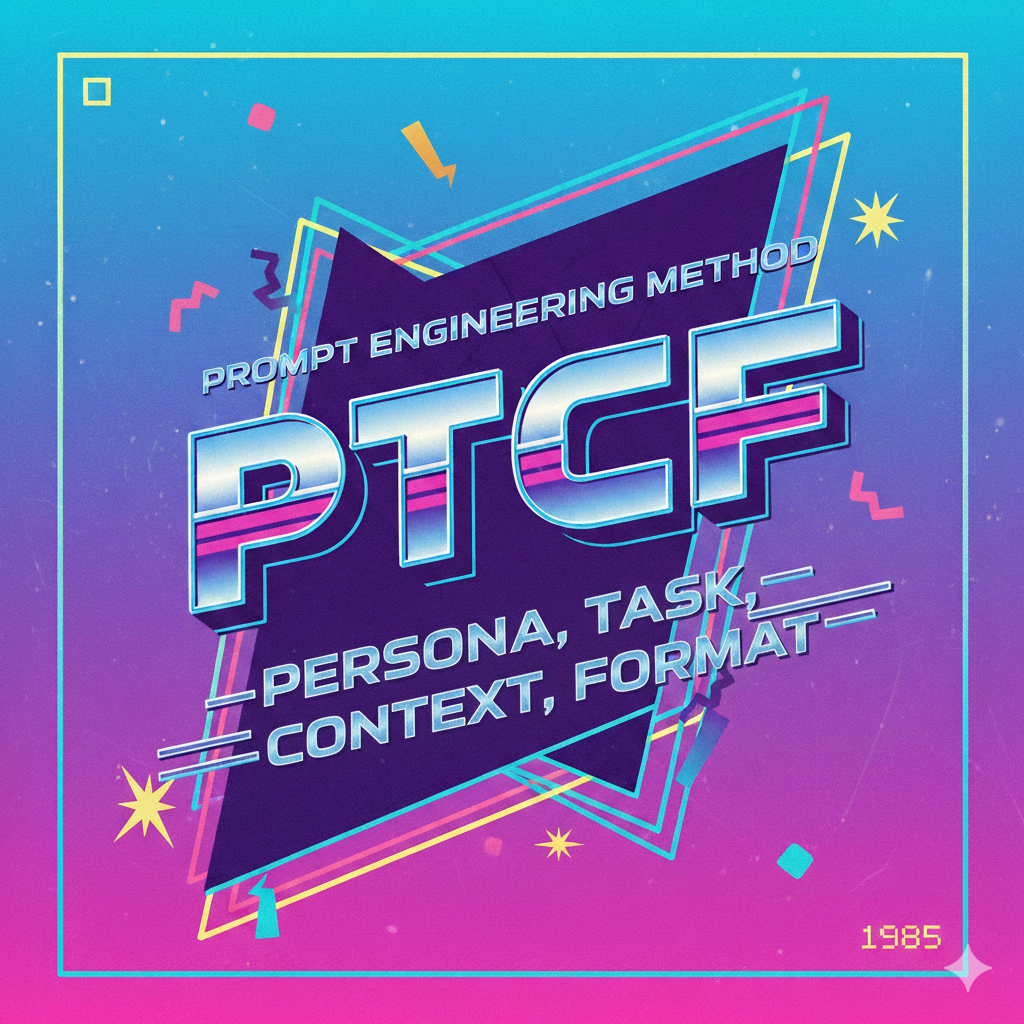 a 1980s themed graphic that spells out the acronym for the PTCF method of prompt engineering: persona, task, context, format