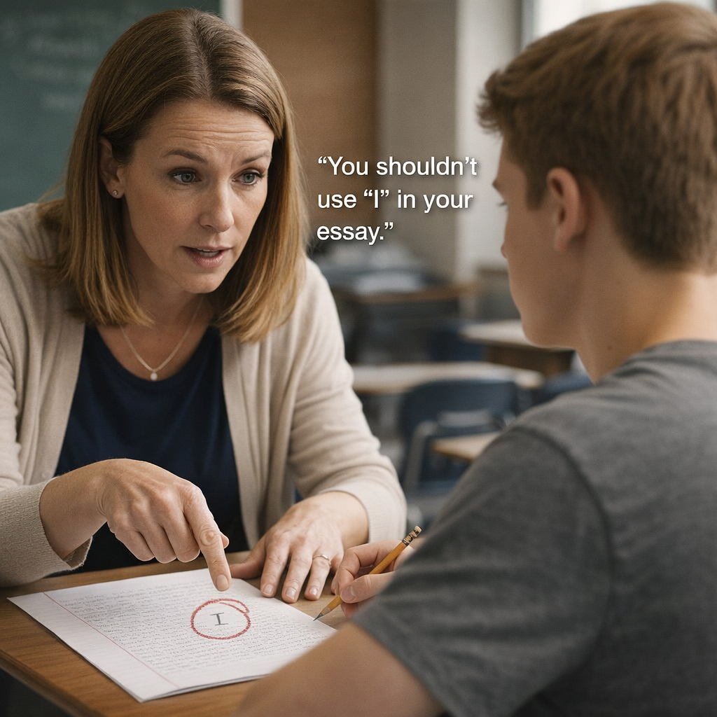 a teacher telling a student not to use "I" in an essay