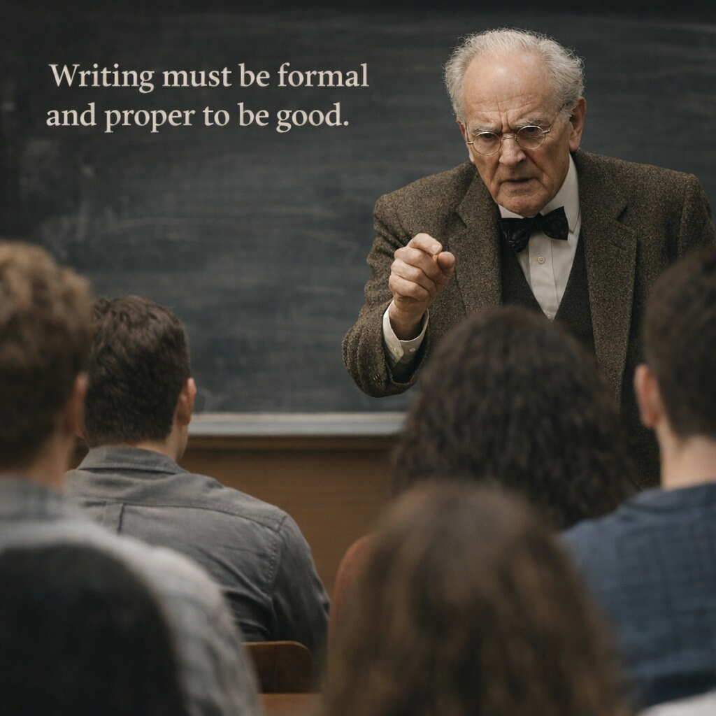 an old teacher telling the class that writing has to be formal and proper to be good