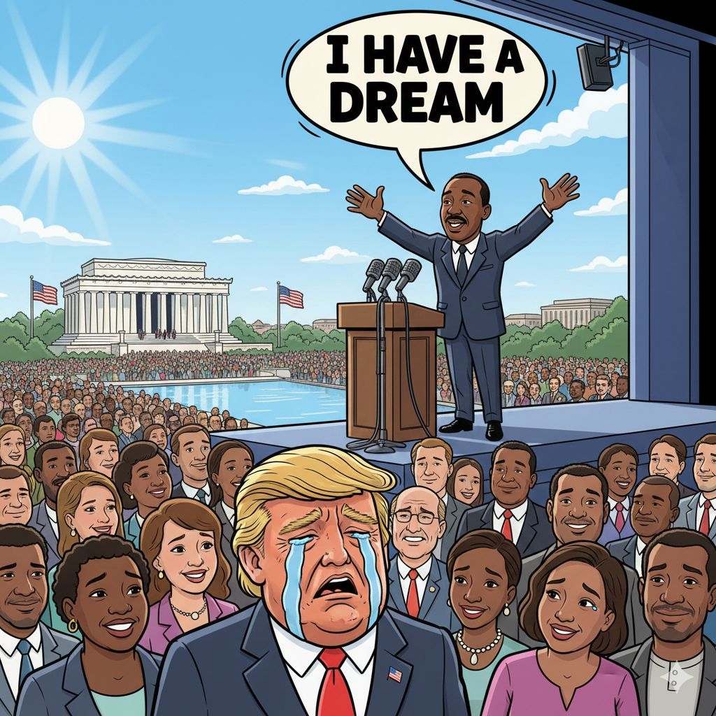 Martin Luther King delivering his "I have a dream" speech with Donald Trump crying in the crowd