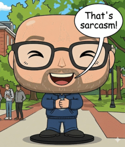 professor laughing and saying 'that's sarcasm'